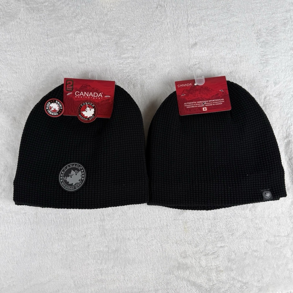 NWT 2-Pack Canada Weather Gear Waffle Beanie Hat Thermal Plush Lining Black